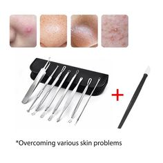 9 PCS Blackhead Acne Tool Kit           Features:       9 pcs Professional High Quality Pushers and Pimple Extractors for Removing Blackheads, Whiteheads,Pimples and Blemishes.         · All Extractors are used for deep pushing of blackheads and whiteheads etc.         · Double Looped Tools, Needle Extractor Tool, Cone dome Extractor Tool and Extractors for every Size and Shape of Blackheads.         · It is Easy to travel kit with leather case.         · High quality tools for professional usag Acne Tool, Pimple Extractor, Removing Blackheads, Remove Skin Tags Naturally, Forehead Acne, Blackhead Remover Tool, Bad Acne, Rid Of Blackheads, Prevent Pimples