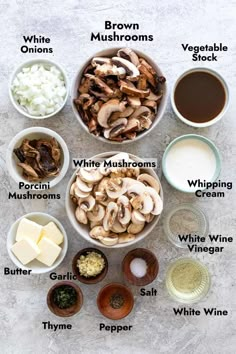 the ingredients for mushroom soup are shown in bowls