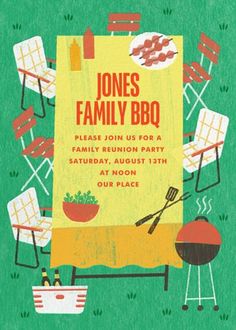 an outdoor bbq party with grills and chairs on the grass, including a sign that says jones family bbq