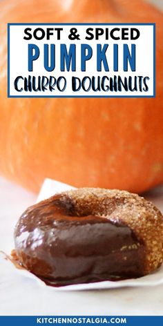 soft and spiced pumpkin churro doughnuts with chocolate icing