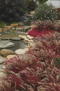 a pond surrounded by rocks and plants with water running down it's sides in the background