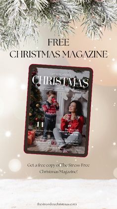 a christmas magazine cover with an image of two children in front of a snow covered tree