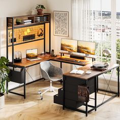 an office with a desk, chair and computer monitor on top of it in front of a window