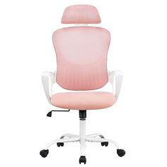 a pink office chair with wheels and arms on a white base, viewed from the front