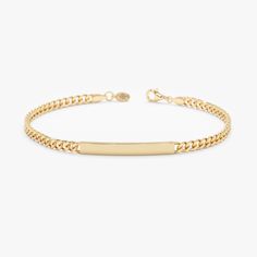 Nola This 14k gold ID bracelet is simple, classic, and gorgeous. Adding a personal touch to this bracelet with an engraving is essential. We can engrave almost anything - Initials, Zodiac signs, Hearts, Stars, you name it! Personalize this dainty bracelet for yourself or gift it to someone you love! - Handmade - Solid Gold- The Dimension of the Middle Bar for 3 mm: 3 x 32 mm- The Dimension of the Middle Bar for 4 mm: 4 x 32 mm- The Dimension of the Middle Bar for 5 mm: 5 x 32 mm All pieces come Bracelets With Names Gold, Id Bracelet Women, Gold Cuban Link Bracelet, Graduation Display, Engraved Bar Bracelet, Personalized Gold Bracelet, Nameplate Bracelet, Gold Bracelet Simple, Bar Dimensions