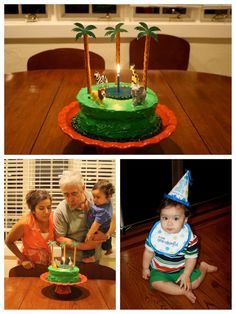 two pictures of a baby and an adult with a birthday cake in front of them