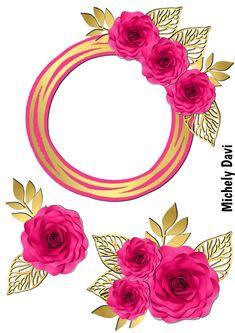 pink roses and leaves with gold trim around the edges on a white background for text