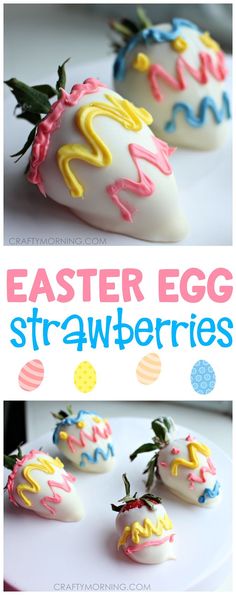 easter egg strawberries with icing and sprinkles are on a white plate