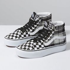 Vans Sk8 Hi Platform New Without Box Womens 9.5 Black/White (Plaid/Checker) Vans Checkerboard Outfit, Vans Shoes High Tops, Vans Shoes Outfit, Vans Sk8 Hi Platform, Cool Vans Shoes, Vans Shoes Fashion, Gold Vans, Vans Checkerboard, Black And White Shoes