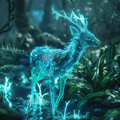 a glowing deer standing in the middle of a forest