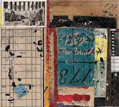 mixed media collage with various images and words on it, including an image of a building