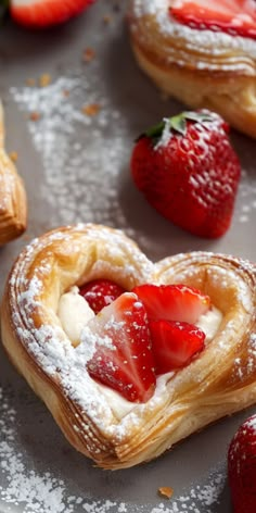 strawberries and powdered sugar in heart shaped pastries