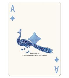 a blue and white card with a peacock on it