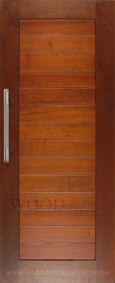 a wooden door with slatted panels and a metal handle on the outside side