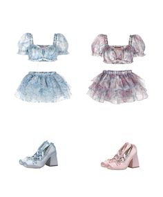 four different styles of shoes and skirts on a white background, all in pastel colors