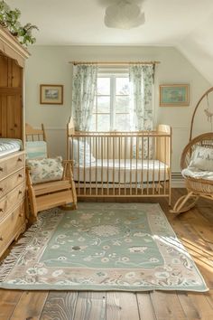 a baby's room with a crib, rocking chair and bed in it