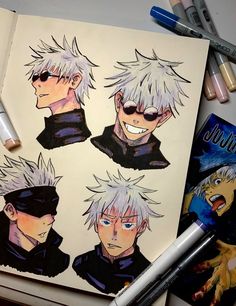 some anime characters are drawn on paper with markers and pencils next to each other