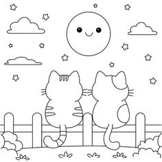 two cats sitting on the fence looking at the moon in the sky with stars and clouds