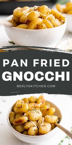 pan fried gnocchini in a white bowl with text overlay