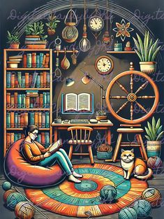 a painting of a person sitting on a bean bag chair in front of a book shelf