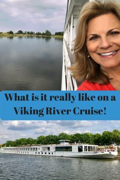 a woman standing in front of a river boat with the words what is it really like on a viking river cruise?