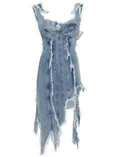 light blue cotton denim vertical seamed distressed effect frayed edge bustier-style neckline rear zip fastening sleeveless slim cut asymmetric hem thigh-length Denim Formal Dress, Denim Haute Couture, Denim Dress Upcycle, Upcycled Denim Dress, Dress 2024 Trend, Recycled Denim Clothes, Distressed Denim Outfit, Light Denim Dress, Deconstructed Denim