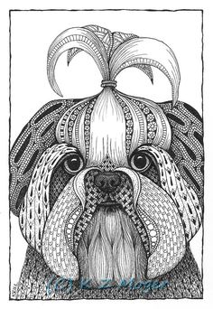 a black and white drawing of a dog's face with an ornate bow on its head