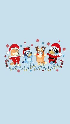 three cartoon characters in santa hats and reindeers on a blue background with snowflakes