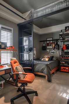 a bedroom with a bed, desk and chair in it next to a window that has shutters open