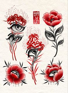 some red flowers and eyes on white paper