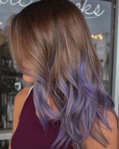 Lavender Hair Tips Brunette, Brunette And Lilac Hair, Brown Hair Lavender Underneath, Purple In Hair Subtle, Purple And Brown Hair Aesthetic, Summer Highlights, Hair Tattoos, Pretty Hair Color, Prom Nails