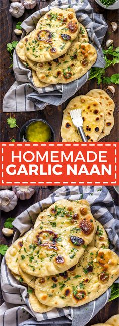 homemade garlic naan recipe is shown in three different pictures with the title above it