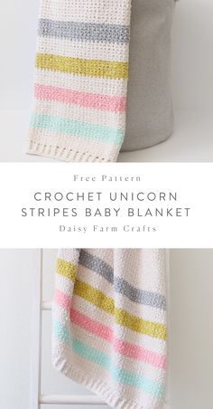 the crochet unicorn striped baby blanket is hanging on a white chair with text overlay