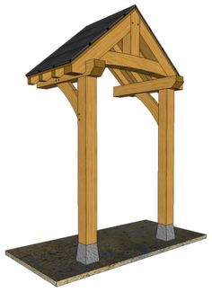 a wooden gazebo with a black roof