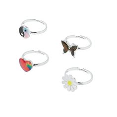 Add a splash of fun to your jewelry collection with Claire's Children's Silver Ying Yang, Daisy, Butterfly, and Rainbow Heart Ring Set, 4-Pack! This unisex set includes four rings, each with a different playful design: a ying yang, a daisy, a butterfly, and a rainbow heart. Made from shiny silver, these rings come in sizes that fit kids perfectly. The bright colors and cute designs make them a fantastic choice for mixing and matching or sharing with friends. Sparkle and shine with every ring! Si Butterfly And Heart, Daisy Butterfly, Fit Kids, Flower Band, Ying Yang, Matching Rings, Rainbow Heart, Exercise For Kids, Shiny Silver