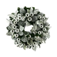 a christmas wreath with silver balls and greenery