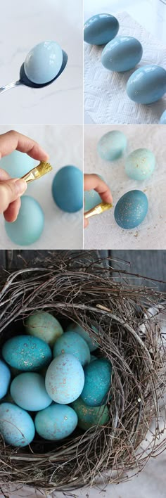 the process of painting eggs in blue and gold