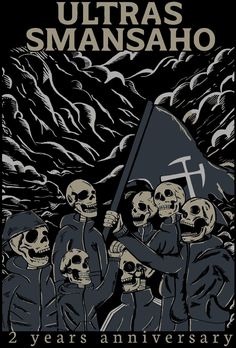 a group of skulls holding a flag with the words ultras & smasho on it