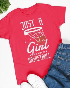 a purple shirt that says just a girl who loves basketball