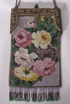 antique micro-beaded floral purse