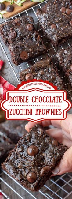 double chocolate zucchini brownies on a cooling rack with the title above it