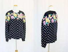 1990's Silk Blouse Polka Dot Black White Floral Size 18 90s Office, Roses And Daisies, Peach Roses, Maggy London, Black Silk, White Polka Dot, Silk Blouse, Polka Dot