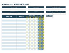 the weekly class attendance sheet is shown in blue, green and white colors on a white background