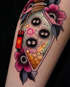 an artistic tattoo design on the leg of a woman's thigh with flowers and eyes