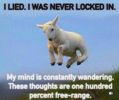 a sheep jumping up into the air with a quote below it that reads, i led i was never locked in