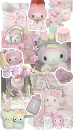 a collage of pink and white stuffed animals