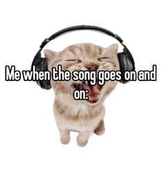 a cat wearing headphones with its mouth open and the words me when the song goes on