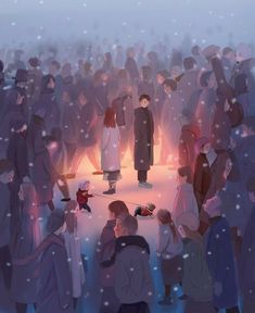 a crowd of people standing around each other in the snow