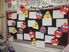 a bulletin board with angry birds on it in a classroom setting for children to learn