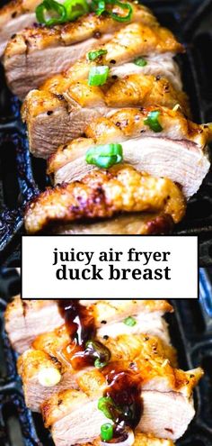 duck breast in the air fryer with chopped green onions on top Keto Duck Recipes, Duck Recipes Air Fryer, Duck In Air Fryer, Bacon Wrapped Duck Breast, Crispy Duck Breast Recipes, Air Fryer Duck Recipes, Baked Duck Breast Recipes, Easy Duck Recipes